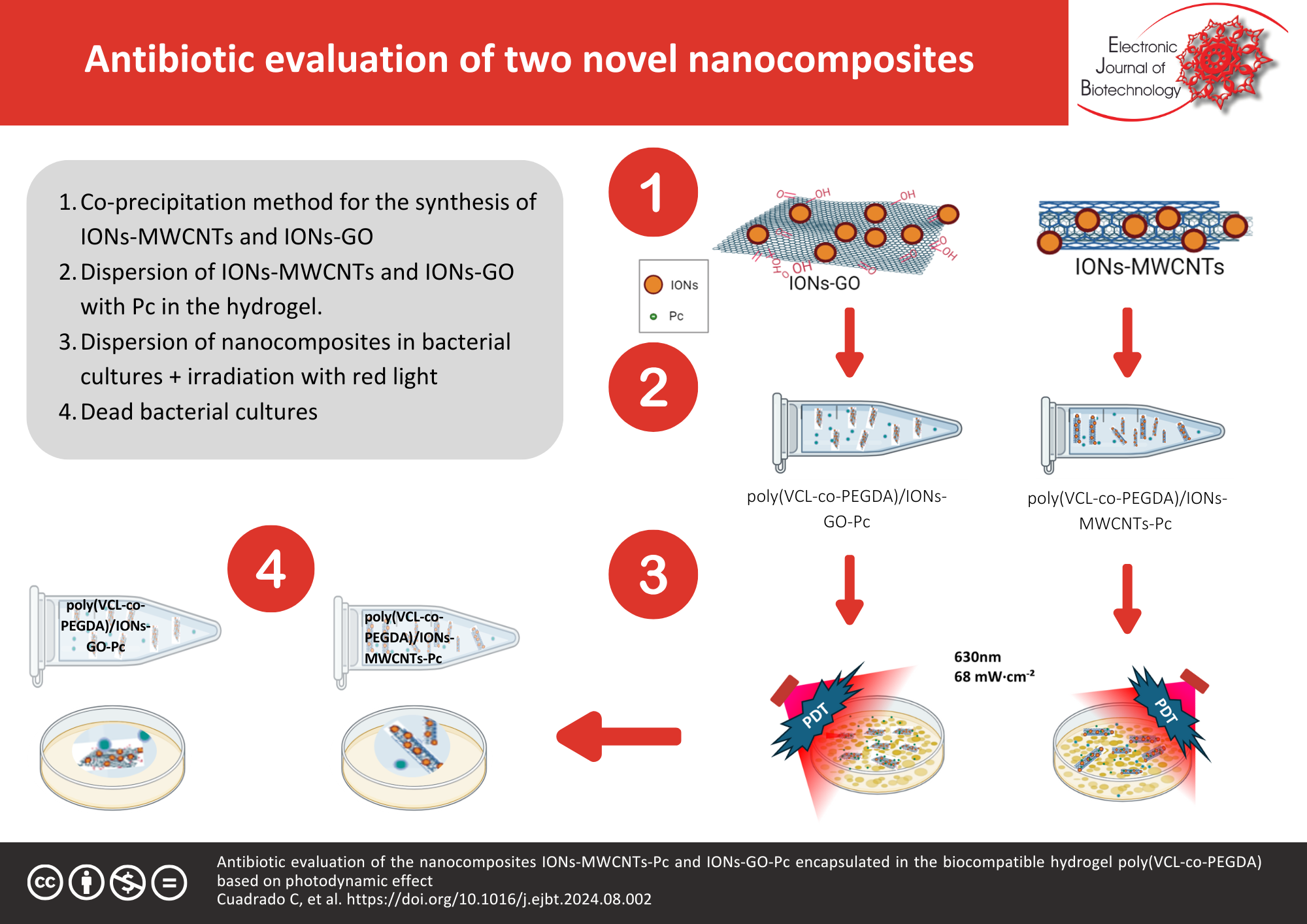 Antibiotic evaluation of the nanocomposites IONs-MWCNTs-Pc and IONs-GO-Pc encapsulated in the biocompatible hydrogel poly(VCL-co-PEGDA) based on photodynamic effect